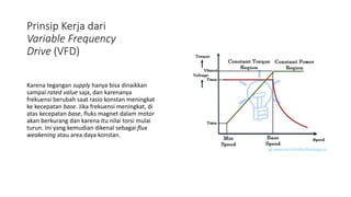 Prinsip Kerja dari
Variable Frequency
Drive (VFD)
Karena tegangan supply hanya bisa dinaikkan
sampai rated value saja, dan karenanya
frekuensi berubah saat rasio konstan meningkat
ke kecepatan base. Jika frekuensi meningkat, di
atas kecepatan base, fluks magnet dalam motor
akan berkurang dan karena itu nilai torsi mulai
turun. Ini yang kemudian dikenal sebagai flux
weakening atau area daya konstan.
 