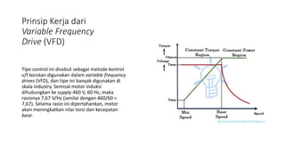Prinsip Kerja dari
Variable Frequency
Drive (VFD)
Tipe control ini disebut sebagai metode kontrol
v/f konstan digunakan dalam variable frequency
drives (VFD), dan tipe ini banyak digunakan di
skala industry. Semisal motor induksi
dihubungkan ke supply 460 V, 60 Hz, maka
rasionya 7,67 V/Hz (senilai dengan 460/60 =
7,67). Selama rasio ini dipertahankan, motor
akan meningkatkan nilai torsi dan kecepatan
base.
 