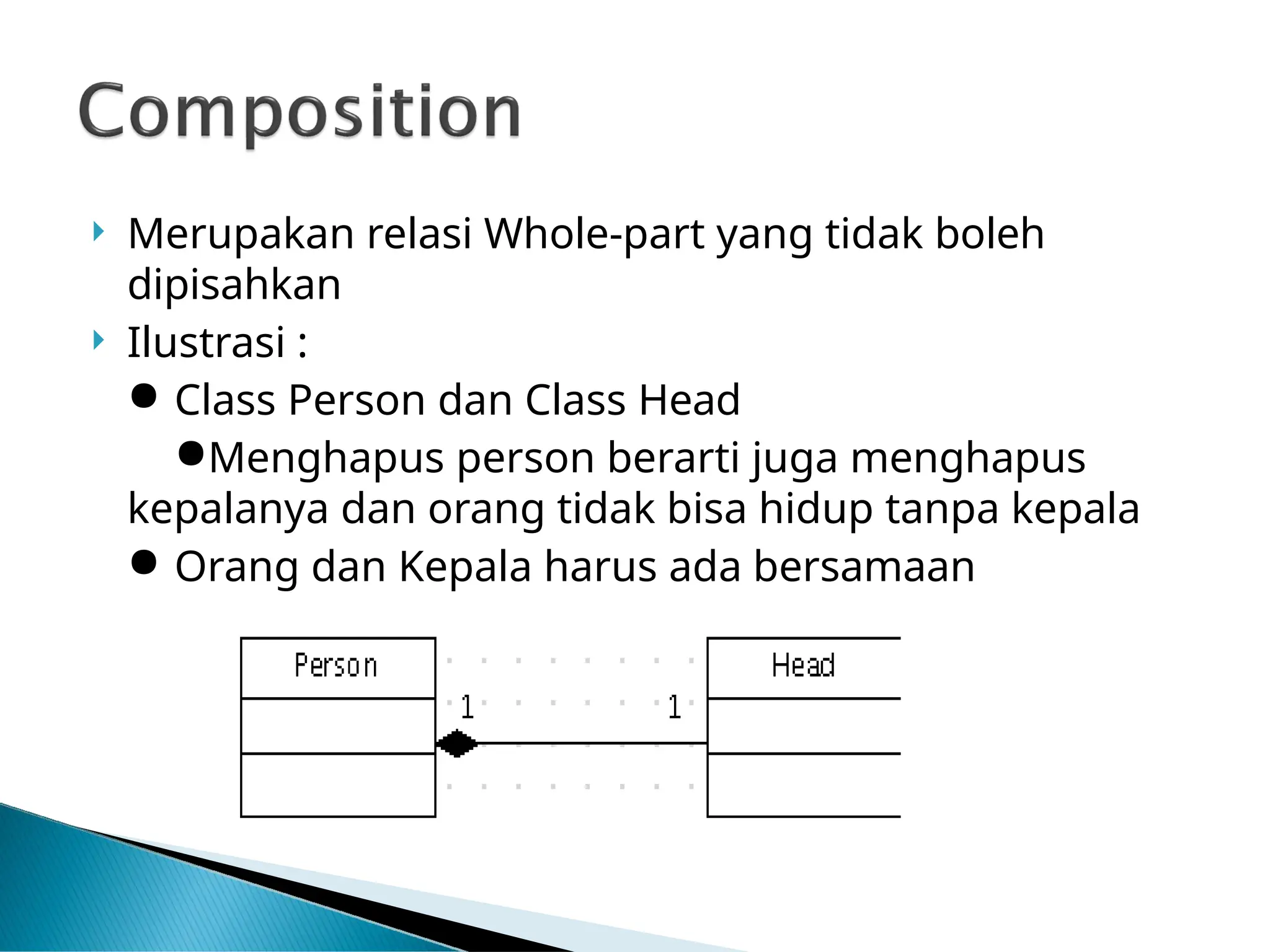  Merupakan relasi Whole-part yang tidak boleh
dipisahkan
 Ilustrasi :
● Class Person dan Class Head
●Menghapus person berarti juga menghapus
kepalanya dan orang tidak bisa hidup tanpa kepala
● Orang dan Kepala harus ada bersamaan
 