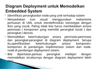  Identifikasi perangkatdan node yang unik terhadap sistem
 Menyediakan icon visual menggunakan mekanisme
perluasan di UML untuk mendefinisikan stereotype dengan
ikon yang cocok. Paling tidak kita harus membedakan antara
pemroses ( komponen yang memiliki perangkat lunak ) dan
perangkat ( device).
 Memodelkan keterhubungan antara pemroses-pemroses
dan perangkat-perangkat di diagram deployment. Serupa
itu,spesifikasikan keterhubungan antara komponen-
komponen di pandangan implementasi sistem dan node-
node di pandangan deployment sistem.
 Bila diperlukan,perluas perangkat intelejen dengan
memodelkan strukturnya dengan diagram deployment lebih
rinci.
 