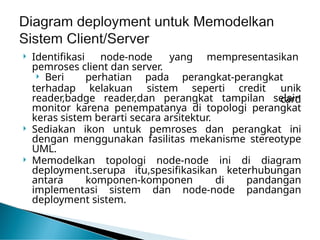  Identifikasi node-node yang mempresentasikan
pemroses client dan server.
terhadap kelakuan sistem seperti credit
 Beri perhatian pada perangkat-perangkat
unik
card
reader,badge reader,dan perangkat tampilan selain
monitor karena penempatanya di topologi perangkat
keras sistem berarti secara arsitektur.
 Sediakan ikon untuk pemroses dan perangkat ini
dengan menggunakan fasilitas mekanisme stereotype
UML.
 Memodelkan topologi node-node ini di diagram
deployment.serupa itu,spesifikasikan keterhubungan
antara komponen-komponen di pandangan
implementasi sistem dan node-node pandangan
deployment sistem.
 