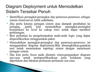  Identifikasi perangkat-perangkat dan pemroses-pemroses sebagai
sistem client/server lebih sederhana.
 Jika perlu kinerja jaringan sistem atau dampak perubahan ke
jaringan, jamin kita memodelkan perangkat-perangkat
komunikasi ke level ke cukup rinci untuk dapat memberi
perhitungan.
 Beri perhatian ke pengelompokan node-node logic yang dapat
dispesifikasikan menggunakan paket.
 Memodelkan perangkat-perangkat dan pemroses-pemroses ini
menggunakan diagram deployment.Bila dimungkinkan,gunakan
tool untuk menemukan topologi sistem dengan menelusuri
jaringan sistem.
 Jika kita perlu focus pada dinamis sitem,pergunakan diagram
use-case untuk menspesifikasikasn jenis kelakuan yang
diperlukan dan lakukan perluasan perluasan use-case.
 