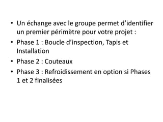 • Un échange avec le groupe permet d’identifier
un premier périmètre pour votre projet :
• Phase 1 : Boucle d’inspection, Tapis et
Installation
• Phase 2 : Couteaux
• Phase 3 : Refroidissement en option si Phases
1 et 2 finalisées
 