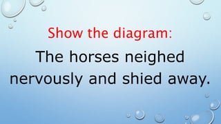 Show the diagram:
The horses neighed
nervously and shied away.
 