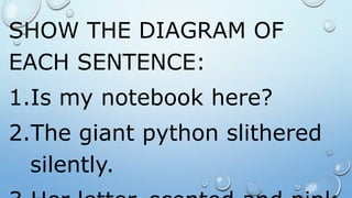 SHOW THE DIAGRAM OF
EACH SENTENCE:
1.Is my notebook here?
2.The giant python slithered
silently.
 