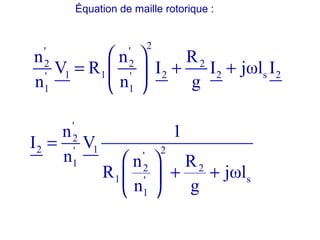 Équation de maille rotorique :
'
2
2 1 2' '
1 2 2
1 s'
1
n 1
I V
n n R
R jωl
n g
=
 
+ + 
 
2
' '
2 2 2
1 1 2 2 s 2' '
1 1
n n R
V R I I jωl I
n n g
 
= + + 
 
 