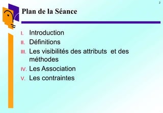 2
Plan de la Séance
I. Introduction
II. Définitions
III. Les visibilités des attributs et des
méthodes
IV. Les Association
V. Les contraintes
 