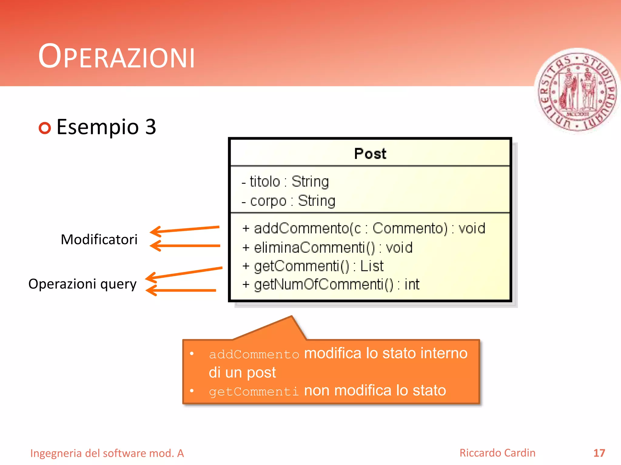 OPERAZIONI 
 Esempio 3 
Modificatori 
Ingegneria del software mod. A 
Riccardo Cardin 17 
Operazioni query 
• addCommento modifica lo stato interno 
di un post 
• getCommenti non modifica lo stato 
 