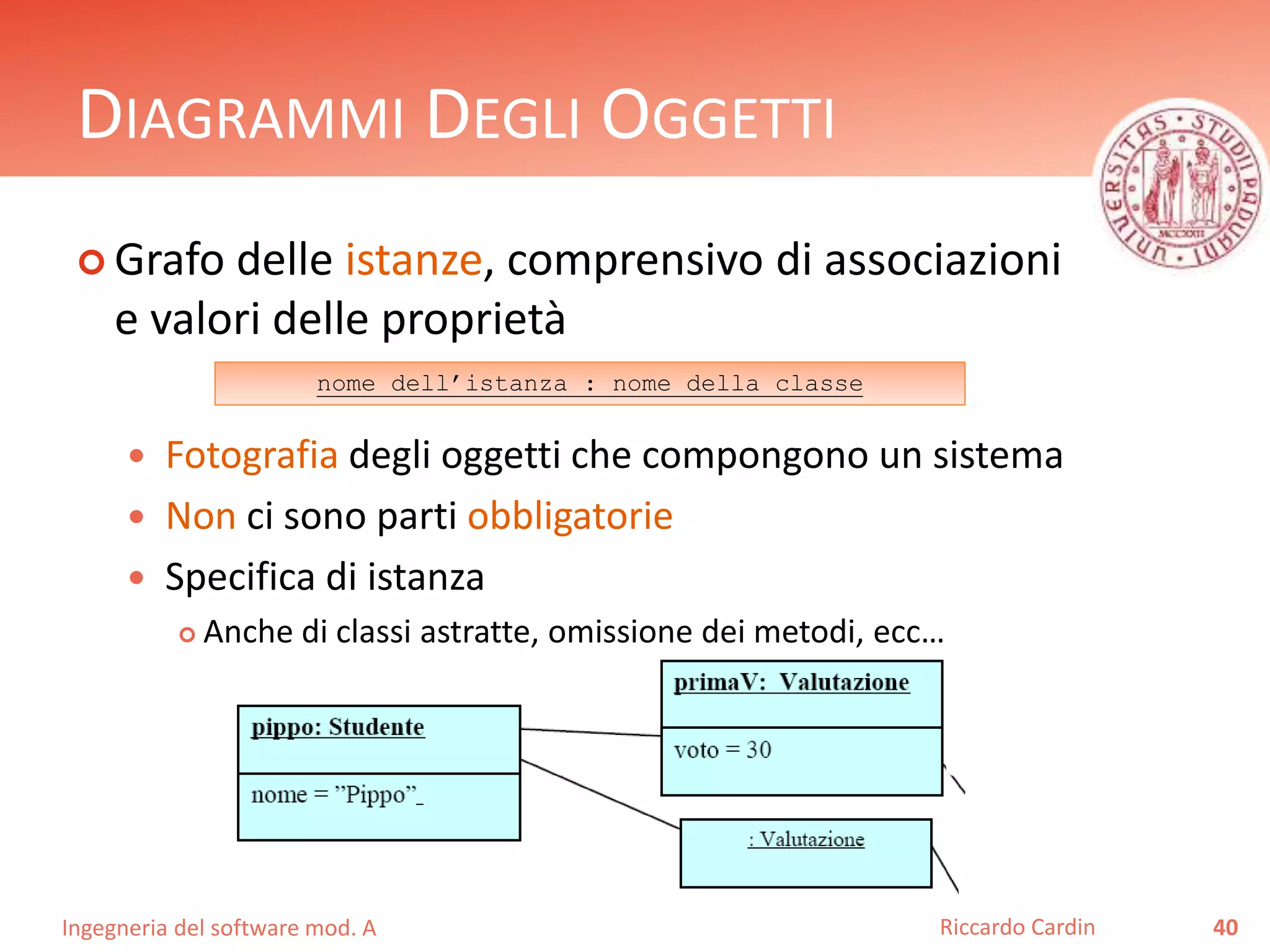 DIAGRAMMI DEGLI OGGETTI 
 Grafo delle istanze, comprensivo di associazioni 
e valori delle proprietà 
 Fotografia degli oggetti che compongono un sistema 
 Non ci sono parti obbligatorie 
 Specifica di istanza 
 Anche di classi astratte, omissione dei metodi, ecc… 
Ingegneria del software mod. A 
Riccardo Cardin 40 
nome dell’istanza : nome della classe 
 