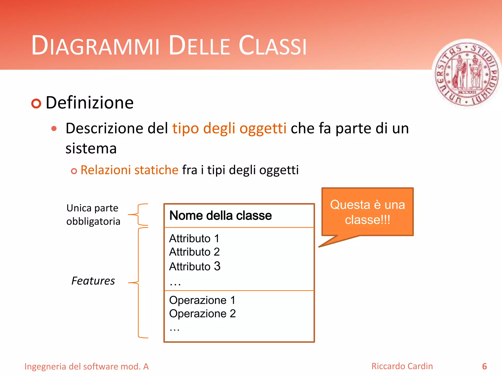 DIAGRAMMI DELLE CLASSI 
 Definizione 
 Descrizione del tipo degli oggetti che fa parte di un 
sistema 
 Relazioni statiche fra i tipi degli oggetti 
Unica parte 
obbligatoria 
Ingegneria del software mod. A 
Riccardo Cardin 6 
Nome della classe 
Attributo 1 
Attributo 2 
Attributo 3 
… 
Operazione 1 
Operazione 2 
… 
Questa è una 
classe!!! 
Features 
 