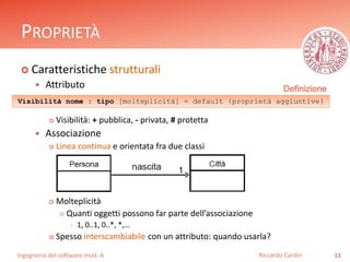PROPRIETÀ 
 Caratteristiche strutturali 
 Attributo 
Definizione 
Visibilità nome : tipo [molteplicità] = default {proprietà aggiuntive} 
 Visibilità: + pubblica, - privata, # protetta 
 Associazione 
 Linea continua e orientata fra due classi 
 Molteplicità 
 Quanti oggetti possono far parte dell’associazione 
 1, 0..1, 0..*, *,… 
 Spesso interscambiabile con un attributo: quando usarla? 
Ingegneria del software mod. A 
Riccardo Cardin 11 
1 
 
