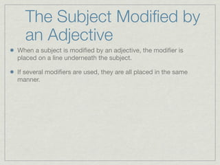 The Subject Modiﬁed by
  an Adjective
When a subject is modiﬁed by an adjective, the modiﬁer is
placed on a line underneath the subject.

If several modiﬁers are used, they are all placed in the same
manner.
 