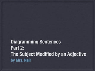 Diagramming Sentences
Part 2:
The Subject Modiﬁed by an Adjective
by Mrs. Nair
 