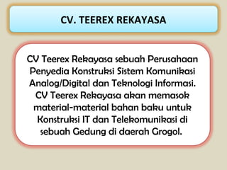 CV. TEEREX REKAYASA


CV Teerex Rekayasa sebuah Perusahaan
Penyedia Konstruksi Sistem Komunikasi
Analog/Digital dan Teknologi Informasi.
 CV Teerex Rekayasa akan memasok
 material-material bahan baku untuk
  Konstruksi IT dan Telekomunikasi di
   sebuah Gedung di daerah Grogol.
 
