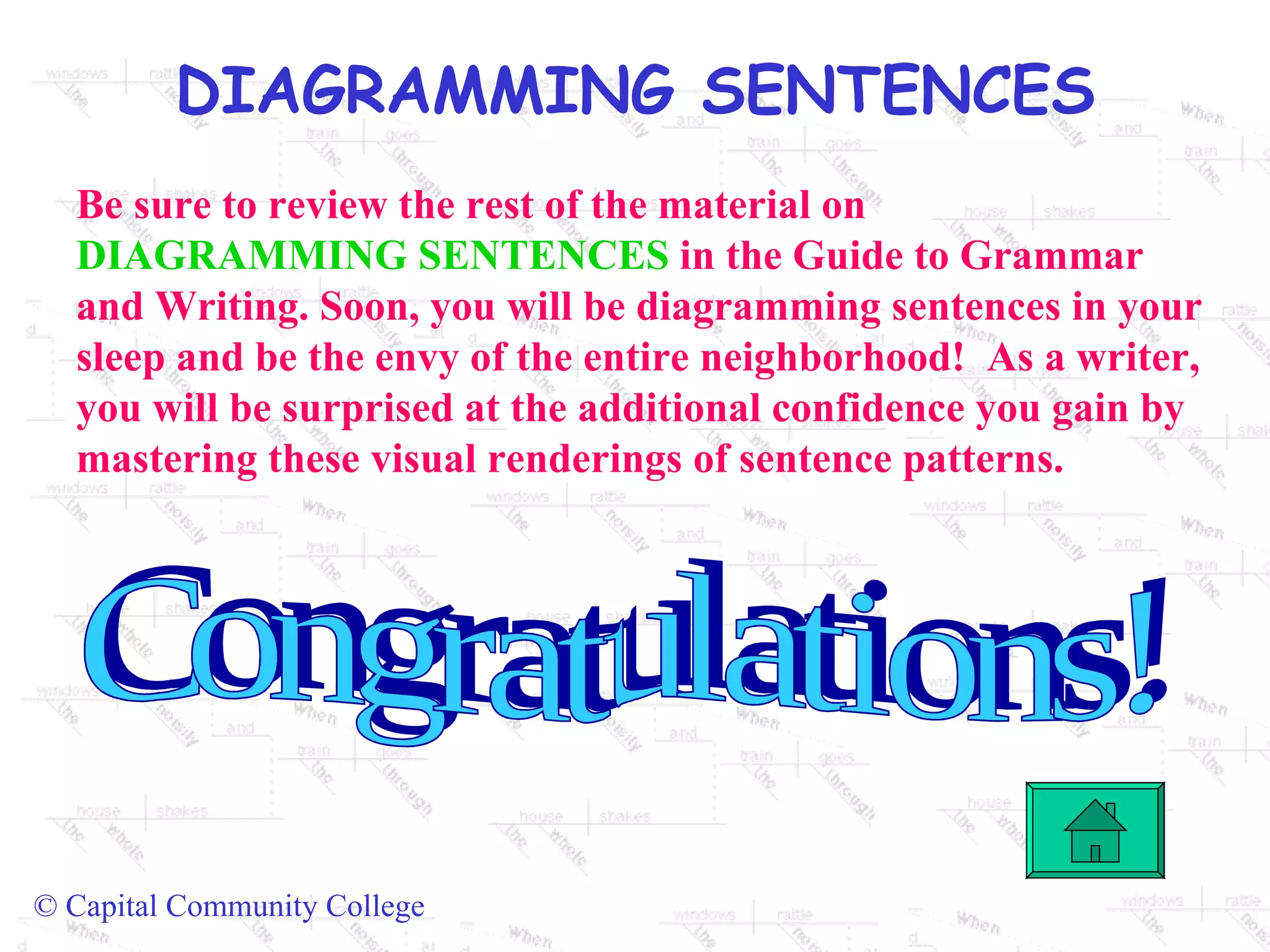 Be sure to review the rest of the material on  DIAGRAMMING SENTENCES  in the Guide to Grammar and Writing. Soon, you will be diagramming sentences in your sleep and be the envy of the entire neighborhood!  As a writer, you will be surprised at the additional confidence you gain by mastering these visual renderings of sentence patterns. Congratulations! 
