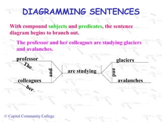 With compound  subjects  and  predicates , the sentence diagram begins to branch out. The professor and her colleagues are studying glaciers and avalanches. professor The colleagues her are studying and glaciers avalanches and 