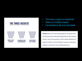 • From okay, to good, to exceptional
• Weed out unhelpful projects
• Concentrate on the truly remarkable
 