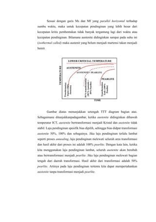 Sesuai dengan garis Ms dan Mf yang parallel horizontal terhadap
sumbu waktu, maka untuk kecepatan pendinginan yang lebih besar dari
kecepatan kritis pembentukan tidak banyak tergantung lagi dari waktu atau
kecepatan pendinginan. Bilamana austenite didinginkan sampai pada suhu ini
(isothermal called) maka austenit yang belum menjadi martensi takan menjadi
bainit.
Gambar diatas menunjukkan setengah TTT diagram bagian atas.
Sebagaimana ditunjukkanpadagambar, ketika austenite didinginkan dibawah
temperatur ICT, austenite bertransformasi menjadi Kristal dan austenite tidak
stabil. Laju pendinginan spesifik bias dipilih, sehingga bias didpat transformasi
austenite 50%, 100% dan sebagainya. Jika laju pendinginan terlalu lambat
seperti proses annealing, laju pendinginan melewati seluruh area transformasi
dan hasil akhir dari proses ini adalah 100% pearlite. Dengan kata lain, ketika
kita menggunakan laju pendinginan lambat, seluruh austenite akan berubah
atau bertransformasi menjadi pearlite. Jika laju pendinginan melewati bagian
tengah dari daerah transformasi. Hasil akhir dari transformasi adalah 50%
pearlite. Artinya pada laju pendinginan tertentu kita dapat mempertahankan
austenite tanpa transformasi menjadi pearlite.
 