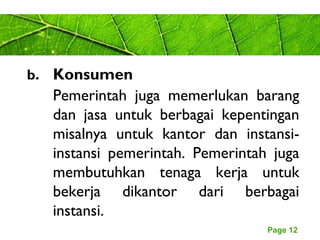 Page 12
b. Konsumen
Pemerintah juga memerlukan barang
dan jasa untuk berbagai kepentingan
misalnya untuk kantor dan instansi-
instansi pemerintah. Pemerintah juga
membutuhkan tenaga kerja untuk
bekerja dikantor dari berbagai
instansi.
 
