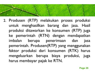 Page 26
2. Produsen (RTP) melakukan proses produksi
untuk menghasilkan barang dan jasa. Hasil
produksi ditawarkan ke konsumen (RTP) juga
ke pemerintah (RTN) dengan mendapatkan
imbalan berupa penerimaan dan jasa
pemerintah. Produsen(RTP) yang menggunakan
faktor produksi dari konsumen (RTK) harus
mengeluarkan berupa biaya produksi, juga
harus membayar pajak ke RTN.
 