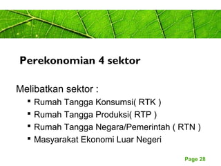 Page 28
Perekonomian 4 sektor
Melibatkan sektor :
 Rumah Tangga Konsumsi( RTK )
 Rumah Tangga Produksi( RTP )
 Rumah Tangga Negara/Pemerintah ( RTN )
 Masyarakat Ekonomi Luar Negeri
 