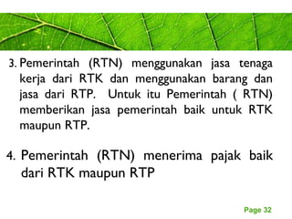 Page 32
3. Pemerintah (RTN) menggunakan jasa tenaga
kerja dari RTK dan menggunakan barang dan
jasa dari RTP. Untuk itu Pemerintah ( RTN)
memberikan jasa pemerintah baik untuk RTK
maupun RTP.
4. Pemerintah (RTN) menerima pajak baik
dari RTK maupun RTP
 