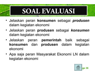 Page 36
SOAL EVALUASI
• Jelaskan peran konsumen sebagai produsen
dalam kegiatan ekonomi
• Jelaskan peran produsen sebagai konsumen
dalam kegiatan ekonomi
• Jelaskan peran pemerintah baik sebagai
konsumen dan produsen dalam kegiatan
ekonomi
• Apa saja peran Masyarakat Ekonomi LN dalam
kegiatan ekonomi
 