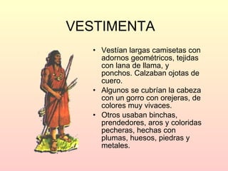 VESTIMENTA   Vestían largas camisetas con adornos geométricos, tejidas con lana de llama, y ponchos. Calzaban ojotas de cuero.  Algunos se cubrían la cabeza con un gorro con orejeras, de colores muy vivaces.  Otros usaban binchas, prendedores, aros y coloridas pecheras, hechas con plumas, huesos, piedras y metales. 