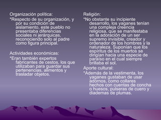 Organización política: *Respecto de su organización, y por su condición de aislamiento, este pueblo no presentaba diferencias sociales ni jerárquicas, reconociendo solo al padre como figura principal. Actividades económicas: *Eran también expertos fabricantes de cestos, los que utilizaban para guardar sus pertenencias, alimentos y trasladar objetos. Religión: *No obstante su incipiente desarrollo, los yaganes tenían una compleja creencia religiosa, que se manifestaba en la adoración de un ser supremo invisible, creador y ordenador de los hombres y la naturaleza. Suponían que los espíritus de los muertos se dirigían hacia una especie de paraíso en el cual siempre brillaba el sol.  Aporte cultural: *Además de la vestimenta, los yaganes gustaban de usar adornos, como collares hechos con cuentas de concha o huesos, pulseras de cuero y diademas de plumas.  