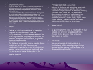 Organización política: Vivían en aldeas, en los claros que formaba naturalmente la selva y constituyendo una verdadera unidad tribal por ser entidades económicas independientes una de otra siendo autosuficientes. Las viviendas estaban dispuestas en torno a una plaza grande de forma cuadrangular, donde se desenvolvía una gran actividad cotidiana esencialmente de índole social. Eran casas grandes comunales llamadas  maloca  individualmente y en conjunto  taba . Además podían albergar a todos los miembros de una familia (o  tejí ) extendida padres, abuelos, tíos, primos, nietos, cuñados. yernos y nueras. Esto representaba la unidad social mayor. Religión : Desde el mismo momento de la conquista hispánica, llamó la atención de los conquistadores y colonizadores el hecho de que los guaraníes no poseyeran templos, ni ídolos o imágenes para venerar, ni grandes centros ceremoniales. No dudaron en concluir que se trataba de un pueblo sin ningún tipo de creencias religiosas. La verdad era otra, la religiosidad existía y era profundamente espiritual, a tal punto de no necesitar de templos ni de ídolos   tallados. Principal actividad económica : Además de dedicarse a la agricultura, la caza y la pesca, los guaraníes eran grandes alfareros. Elaboraban vasijas, cántaros de diferentes formas y funciones, ollas, platos, etc. Los objetos eran decorados con impresiones realizadas con los dedos y con las uñas; otros más avanzados consistían en líneas y puntos rojos y negros sobre fondos blancos. Otra particularidad era que los objetos que se fabricaban no tenían asas. Aporte cultural : El guaraní prefirió, para la instalación de sus aldeas, los terrenos ubicados sobre las riberas de los grandes ríos, arroyos y lagunas de la región.  Actualidad : las comunidades de guaraníes de la provincia de Misiones están pasando por graves problemas que podrían llevar a la desaparición del pueblo.  