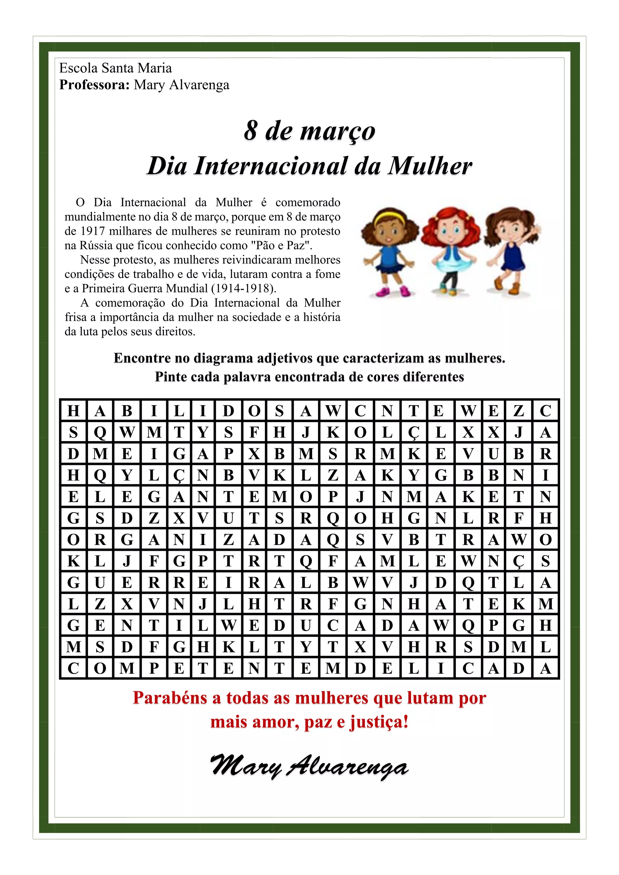 Caça-palavras: Dia Internacional da Mulher | PDF