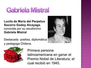 Primera persona
latinoamericana en ganar el
Premio Nobel de Literatura, el
cual recibió en 1945.
Lucila de María del Perpetuo
Socorro Godoy Alcayaga,
conocida por su seudónimo
Gabriela Mistral
Destacada poetisa, diplomática
y pedagoga Chilena.
 