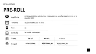 PRE-ROLL
MÍDIA MAKER
ENTREGA DE MÍDIA NO YOUTUBE COM DADOS DE AUDIÊNCIA EXCLUSIVOS DE A
BELA E A FERA.
BR
TRUEVIEW (SKIPPABLE)
R$50.000,00
208.333
Audiência
Timeline
Geo
Formato
Views
Budget
FEVEREIRO E MARÇO DE 2017
625.000416.667
R$150.000,00R$100.000,00
 