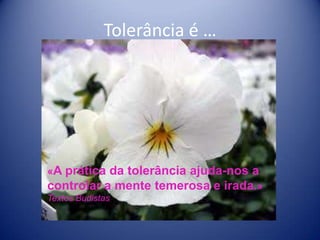 Tolerância é …



                  …




«A prática da tolerância ajuda-nos a
controlar a mente temerosa e irada.»
Textos Budistas
 