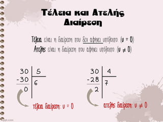 Τέλεια είναι η διαίρεση που δεν αφήνει υπόλοιπο. (υ = 0)
Ατελής είναι η διαίρεση που αφήνει υπόλοιπο. (υ ≠ 0)
30 5
6-30
0
30 4
7-28
2
τέλεια διαίρεση: υ = 0 ατελής διαίρεση: υ ≠ 0
 