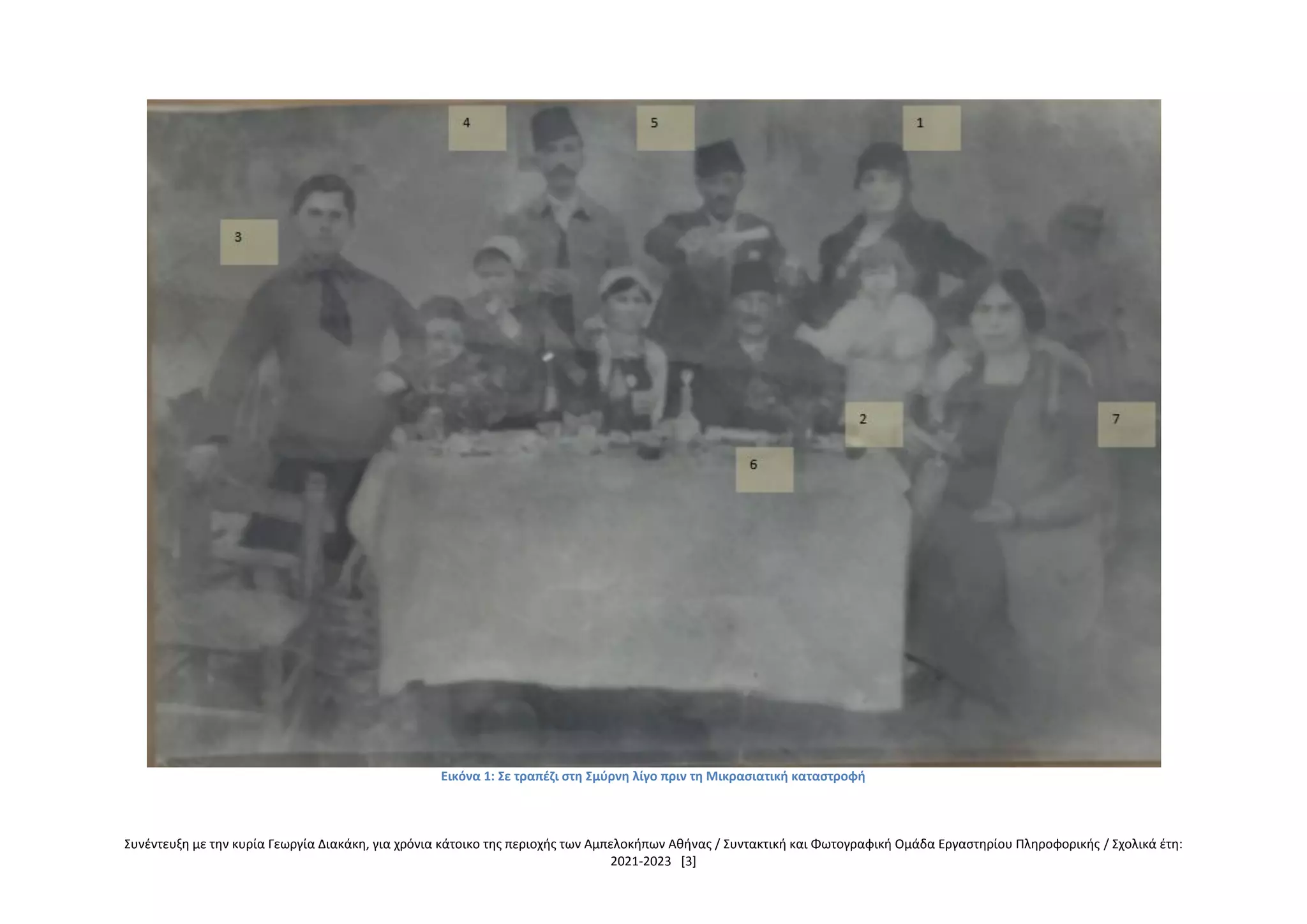 Συνέντευξη με την κυρία Γεωργία Διακάκη, για χρόνια κάτοικο της περιοχής των Αμπελοκήπων Αθήνας / Συντακτική και Φωτογραφική Ομάδα Εργαστηρίου Πληροφορικής / Σχολικά έτη:
2021-2023 [3]
Εικόνα 1: Σε τραπέζι στη Σμύρνη λίγο πριν τη Μικρασιατική καταστροφή
 