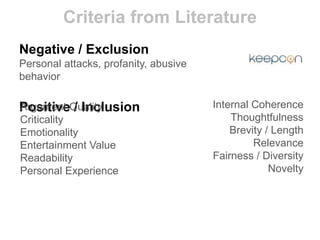 Criteria from Literature
Negative / Exclusion
Personal attacks, profanity, abusive
behavior
Positive / Inclusion Internal Coherence
Thoughtfulness
Brevity / Length
Relevance
Fairness / Diversity
Novelty
Argument Quality
Criticality
Emotionality
Entertainment Value
Readability
Personal Experience
 