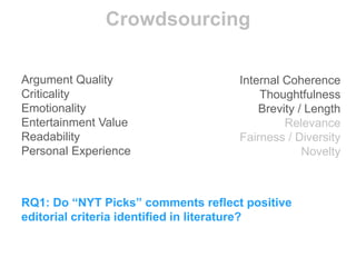 Crowdsourcing
Argument Quality
Criticality
Emotionality
Entertainment Value
Readability
Personal Experience
Internal Coherence
Thoughtfulness
Brevity / Length
Relevance
Fairness / Diversity
Novelty
RQ1: Do “NYT Picks” comments reflect positive
editorial criteria identified in literature?
 