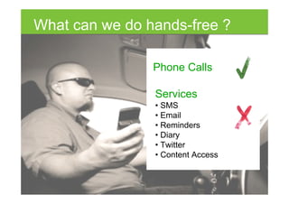 What can we do hands-free ?

                Phone Calls

                Services
                • SMS
                • Email
                • Reminders
                • Diary
                • Twitter
                • Content Access
 