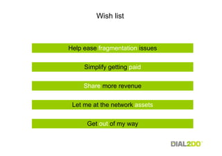 Wish list



Help ease fragmentation issues

     Simplify getting paid

     Share more revenue

 Let me at the network assets

      Get out of my way
 