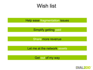 Wish list Help ease  fragmentation  issues Share  more revenue Simplify getting  paid Get  out  of my way Let me at the network  assets 