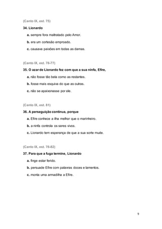 9
(Canto IX, est. 75)
34. Lionardo
a. sempre fora maltratado pelo Amor.
b. era um cortesão emproado.
c. causava paixões em todas as damas.
(Canto IX, est. 76-77)
35. O azar de Lionardo fez com que a sua ninfa, Efire,
a. não fosse tão bela como as restantes.
b. fosse mais esquiva do que as outras.
c. não se apaixonasse por ele.
(Canto IX, est. 81)
36. A perseguição continua, porque
a. Efire conhece a ilha melhor que o marinheiro.
b. a ninfa controla os seres vivos.
c. Lionardo tem esperança de que a sua sorte mude.
(Canto IX, est. 76-82)
37. Para que a fuga termine, Lionardo
a. finge estar ferido.
b. persuade Efire com palavras doces e lamentos.
c. monta uma armadilha a Efire.
 