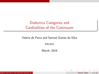 Dialectica Categories and
Cardinalities of the Continuum
Valeria de Paiva and Samuel Gomes da Silva
EBL2014
March, 2014
Valeria de Paiva and Samuel Gomes da Silva (EBL2014) March, 2014 1 / 31
 