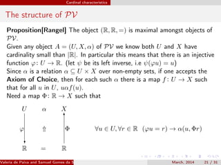Cardinal characteristics
The structure of PV
Proposition[Rangel] The object (R, R, =) is maximal amongst objects of
PV.
Given any object A = (U, X, α) of PV we know both U and X have
cardinality small than |R|. In particular this means that there is an injective
function ϕ: U → R. (let ψ be its left inverse, i.e ψ(ϕu) = u)
Since α is a relation α ⊆ U × X over non-empty sets, if one accepts the
Axiom of Choice, then for each such α there is a map f : U → X such
that for all u in U, uαf(u).
Need a map Φ: R → X such that
U α X
⇑ ∀u ∈ U, ∀r ∈ R (ϕu = r) → α(u, Φr)
R
ϕ
?
= R
6
Φ
Valeria de Paiva and Samuel Gomes da Silva (EBL2014) March, 2014 21 / 31
 