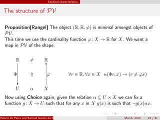 Cardinal characteristics
The structure of PV
Proposition[Rangel] The object (R, R, =) is minimal amongst objects of
PV.
This time we use the cardinality function ϕ: X → R for X. We want a
map in PV of the shape:
R = R
⇑ ∀r ∈ R, ∀x ∈ X α(Φr, x) → (r = ϕx)
U
Φ
?
α X
6
ϕ
Now using Choice again, given the relation α ⊆ U × X we can ﬁx a
function g: X → U such that for any x in X g(x) is such that ¬g(x)αx.
Valeria de Paiva and Samuel Gomes da Silva (EBL2014) March, 2014 23 / 31
 
