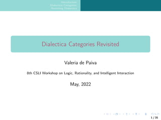Introduction
Dialectica Categories
Revisiting Dialectica
Dialectica Categories Revisited
Valeria de Paiva
8th CSLI Workshop on Logic, Rationality, and Intelligent Interaction
May, 2022
1 / 35
 