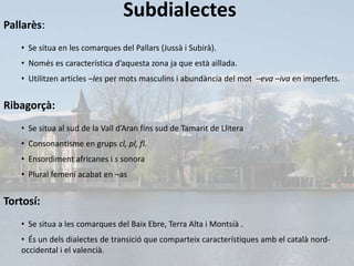 Subdialectes
Pallarès:
   • Se situa en les comarques del Pallars (Jussà i Subirà).
   • Només es característica d’aquesta zona ja que està aïllada.
   • Utilitzen articles –les per mots masculins i abundància del mot –eva –iva en imperfets.


Ribagorçà:
   • Se situa al sud de la Vall d’Aran fins sud de Tamarit de Llitera
   • Consonantisme en grups cl, pl, fl.
   • Ensordiment africanes i s sonora
   • Plural femení acabat en –as


Tortosí:
   • Se situa a les comarques del Baix Ebre, Terra Alta i Montsià .
   • És un dels dialectes de transició que comparteix característiques amb el català nord-
   occidental i el valencià.
 