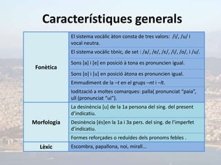 Característiques generals
             El sistema vocàlic àton consta de tres valors: /i/, /u/ i
             vocal neutra.
             El sistema vocàlic tònic, de set : /a/, /e/, /ε/, /i/, /o/, i /u/.

             Sons [a] i [e] en posició à tona es pronuncien igual.
 Fonètica
             Sons [o] i [u] en posició àtona es pronuncien igual.
             Emmudiment de la –t en el grups –nt i –lt.
             Iodització a moltes comarques: palla( pronunciat “paia”,
             ull (pronunciat “ui”).
             La desinència [u] de la 1a persona del sing. del present
             d’indicatiu.
Morfologia   Desinència [és]en la 1a i 3a pers. del sing. de l’imperfet
             d’indicatiu.
             Formes reforçades o reduïdes dels pronoms febles .
  Lèxic      Escombra, papallona, noi, mirall...
 
