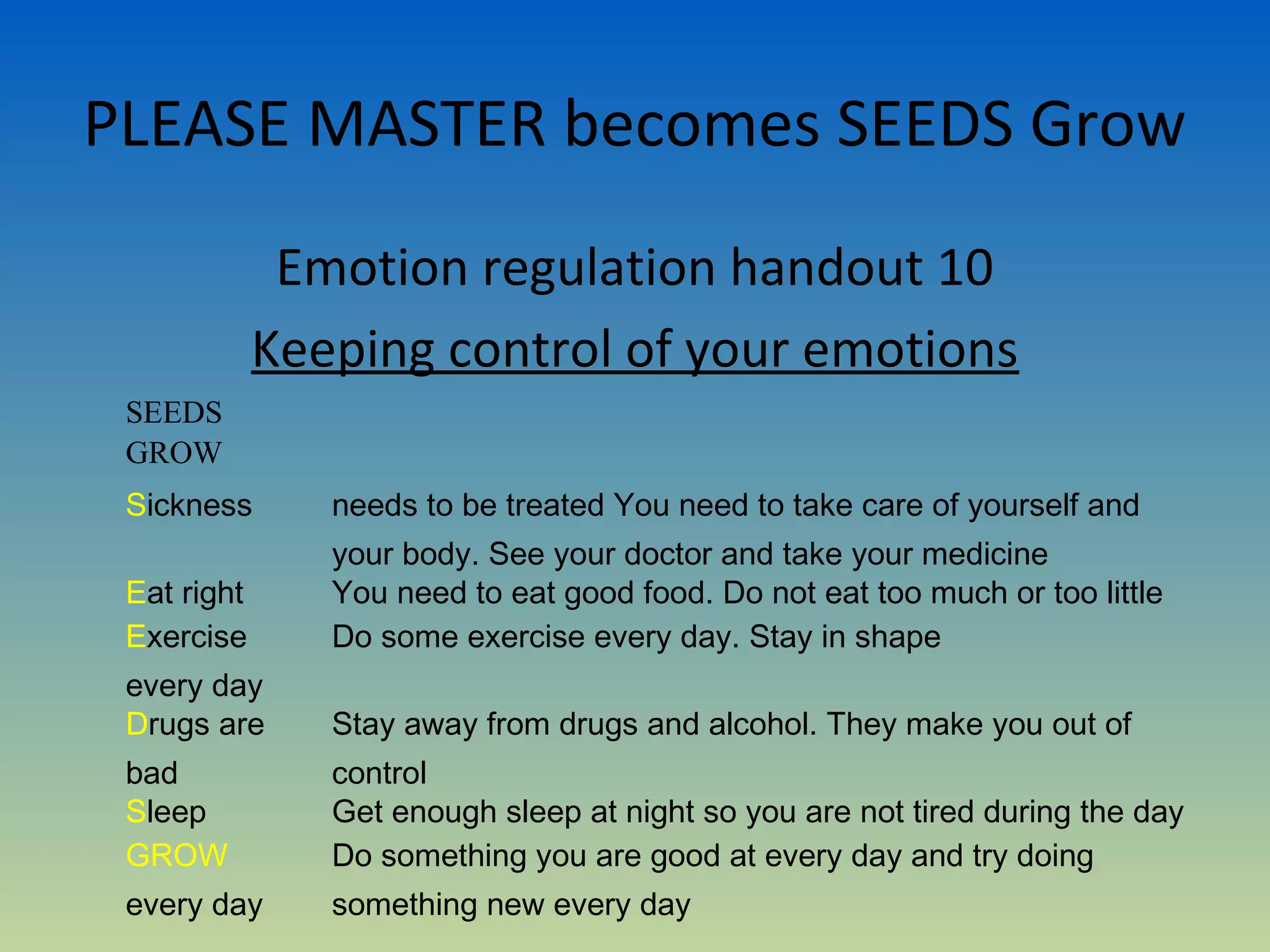 PLEASE MASTER becomes SEEDS Grow
              Emotion regulation handout 10
             Keeping control of your emotions
 SEEDS
 GROW
 Sickness       needs to be treated You need to take care of yourself and
                your body. See your doctor and take your medicine
 Eat right      You need to eat good food. Do not eat too much or too little
 Exercise       Do some exercise every day. Stay in shape
 every day
 Drugs are      Stay away from drugs and alcohol. They make you out of
 bad            control
 Sleep          Get enough sleep at night so you are not tired during the day
 GROW           Do something you are good at every day and try doing
 every day      something new every day
 
