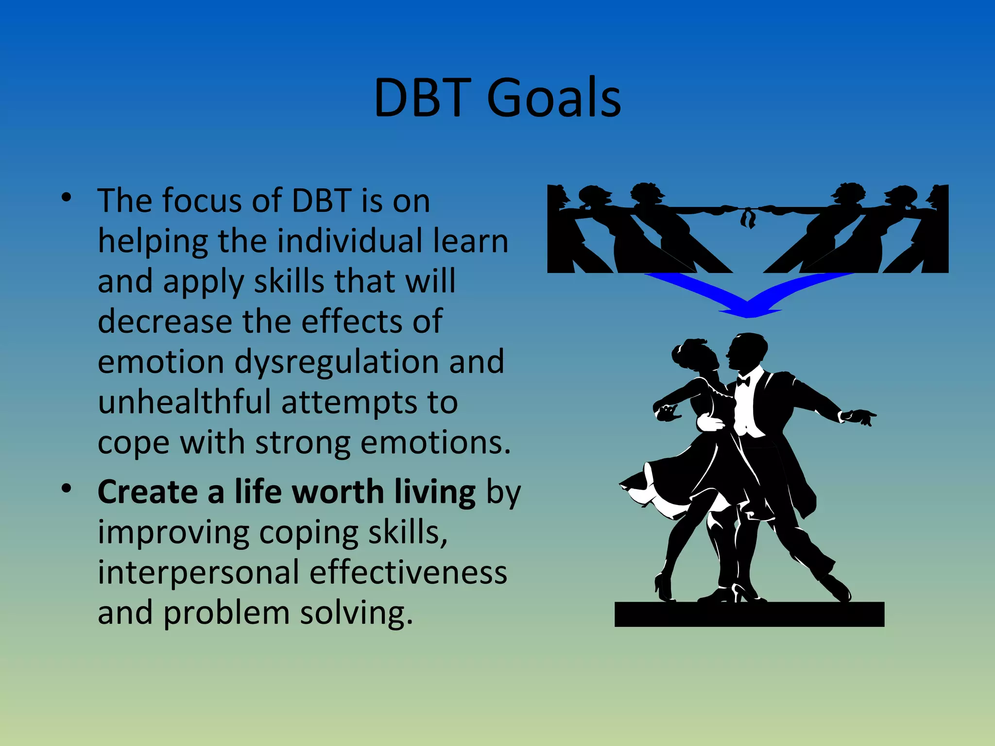 DBT Goals
• The focus of DBT is on
  helping the individual learn
  and apply skills that will
  decrease the effects of
  emotion dysregulation and
  unhealthful attempts to
  cope with strong emotions.
• Create a life worth living by
  improving coping skills,
  interpersonal effectiveness
  and problem solving.
 